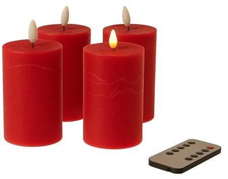 Fachhandel Plus LED Kerzen mit Timer – Stumpenkerzen aus Echtwachs mit 3D Flamme & Fernbedienung – LED Echtwachskerzen in verschiedenen Farben & Größen – Ø 6,5/7,5 cm (Rot, 10 x 6,5 cm)