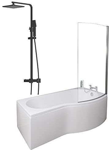 1700 x 900mm Right Hand P-Shaped Curved Shower Bath Bathroom Bathtub Glass Shower Screen Front Panel & Thermostatic Mixer Shower Set Handheld Black Square Rainfall Head