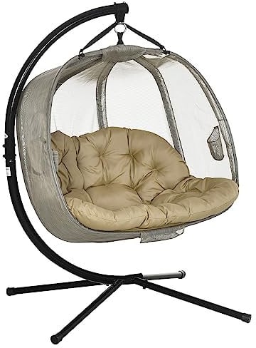 Outsunny Double Hanging Egg Chair 2 Seaters Texteline Swing Hammock Chair with Stand, Cushion and Folding Design, for Indoor and Outdoor, Brown