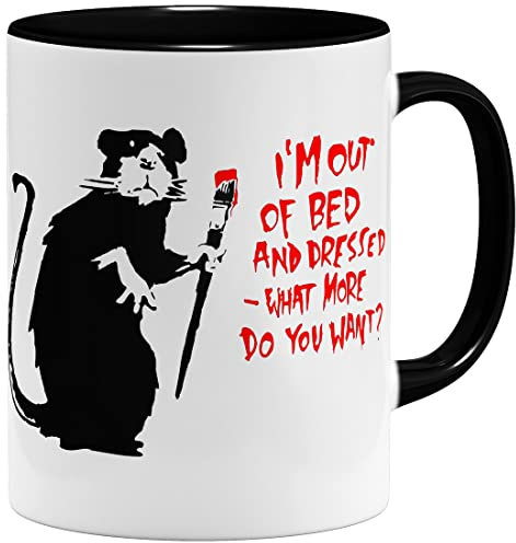 OM3® Out Of Bed Rat Banksy Tasse | Keramik Becher | 11oz 325ml | Beidseitig Bedruckt | Schwarz