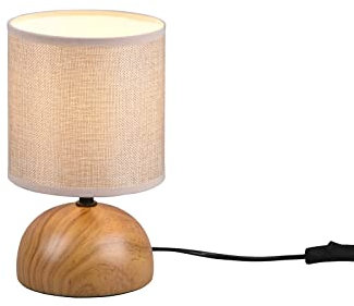 Kleine Tischleuchte 23cm mit Keramikfuß Holzoptik, Stoffschirm Beige