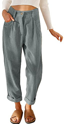 Damen High Waist Cordhose Gerades Bein Freizeithose Lang Baggy Hose mit Taschen (Dunkelgrau, XXL)