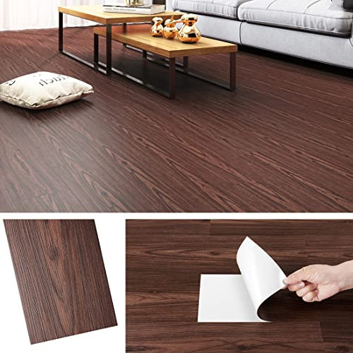 Livelynine Lino Sol Adhesif Bois Dalle PVC Adhesive Sol Imitation Bois Foncé 90x15cm Sol PVC Rouleau Lino Effet Acajou Imperméable Lame PVC Adhesive Cuisine Salle de Bain Autocollant Mural, 4 Dalles