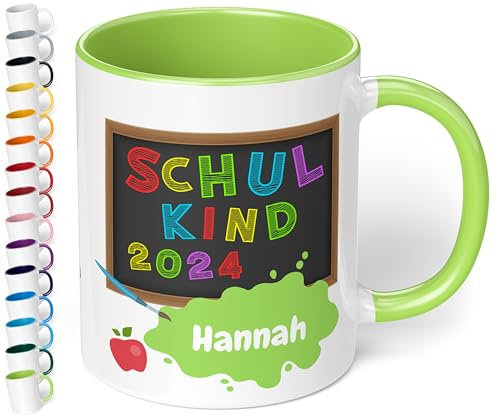 Geschenk zur Einschulung für Mädchen und Jungen: „Schulkind 2025“ - mit TAFEL-Motiv - personalisierte Tasse mit Namen für Erstklässler - kleines Geschenk für Schüler 1. Klasse, Hellgrün
