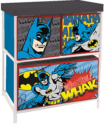 ARDITEX Estantería Infantil Batman con 3 Cajas de Tela para Libros, Juguetes, Pelotas, Ropa, Zapatos 53 x 30 x 60 cm