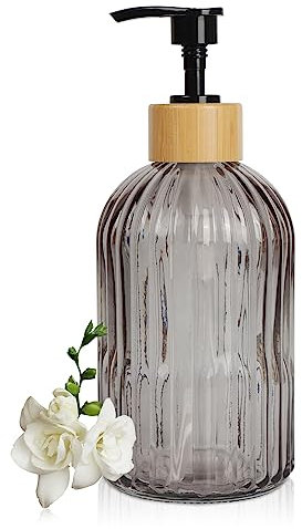 Topsky Glass Soap Dispenser with Black Wooden Hoop Pump 400ml Liquid Hand Soap Dispenser Rustproof Pump for Kitchen & Bathroom Great for Lotions Essential Oil Liquid Soaps (Translucent Black)