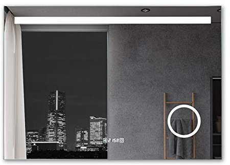 MIQU Badezimmerspiegel mit Beleuchtung 120x80cm Badspiegel Warmweiß/Kaltweiß LED Licht Wandspiegel mit Steckdose 3-Fach Vergrößerung Touch Beschlagfrei Uhr