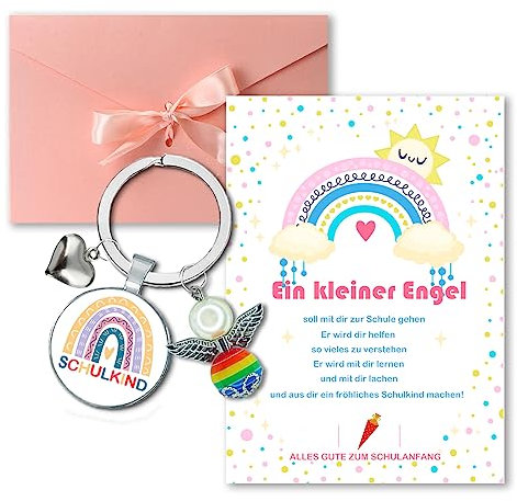 ENSTAB Schulkind Geschenk Schutzengel Schlüsselanhänger Glücksbringer Karte Geschenk zur Einschulung Einschulungsgeschenk Mädchen und Junge (Schulkind-Bunt)
