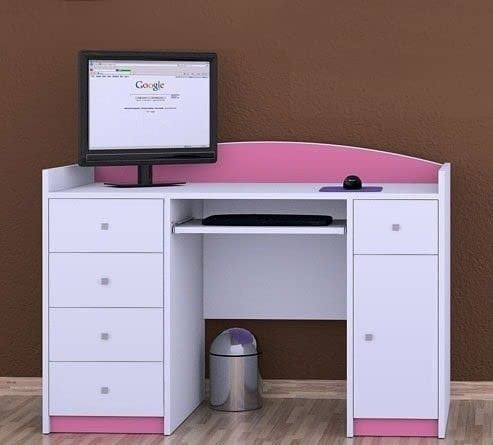 Happy Babies Computertisch mit Tastaturablage, Bürotisch mit Tastaturablage, 5 Schubladen, 1 Ablage, 125x89x60, Motive, Aufkleber zur Auswahl, Kinder und Jugendzimmer - Rose (Bez motywu)