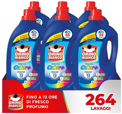 Omino Bianco - Detersivo Lavatrice Liquido Color+, 264 Lavaggi, Specifico per Capi Colorati, Tecnologia Salva i Colori e Cattura il Grigiore, 1760 ml x 6 Confezioni