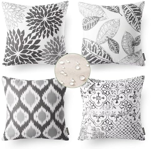 Outdoor Kissen Wetterfest Kissenbezug 80x80 cm Grau Sofakissen, 4er Set Kissenbezüge Geometrisch Deko Kissen Quadratische Kopfkissen Bezug Couchkissen Leinen Kissenhülle für Garten Wohnzimmer DekoY207