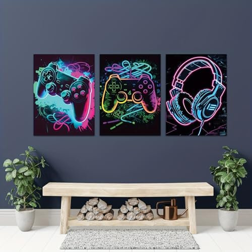jjshily Wall Art Neon Gaming Game Controller Canvas Painting Watercolor Fasion Poster Modern Pop Home Decor For Kid Bedroom 21x30cmx3 No Frame