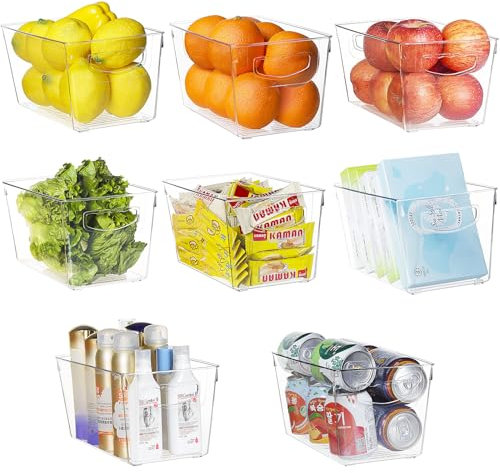 Greentainer Plastic Refrigerator Organizer Bins,8 pcs Large Stackable Food Storage Bins with Handle for Fridge, Pantry, Cabinet, Kitchen, Countertops, Cupboard, Freezer Organization, BPA Free