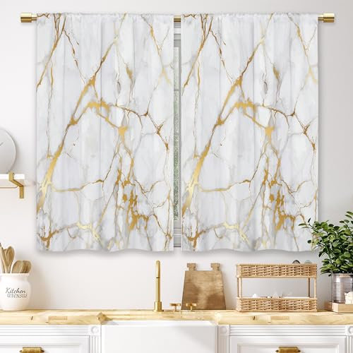Laifzere Gold Marmor Küche Vorhänge Golden Luxus Abstrakt Kleine Kurze Cafe Fenster Vorhänge Weiß Moderne Textur Tinte Stab Tasche Badezimmer Fenster Vorhänge Behandlung Tier Vorhänge 2 Paneele (70 x