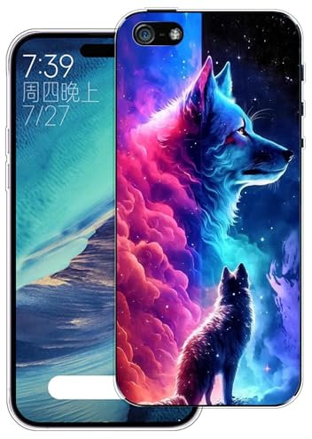 WUACYEAMING Hülle für iPhone 5/5S/SE(2016),Aesthetic Motiv Weiche Silikon Muster TPU Bumper Stoßfest Schutzhülle Transparent Mädchen mit Cover HandyHülle case Pattern-(Wolf)