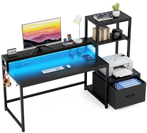 GreenForest Scrivania Gaming con Cassetto e ripiano Stampante, Reversibile 150 cm Scrivania pc con luci a LED, Monitor Stand e ganci,Scrivania ufficio Home Office per Studio Lavoro,Nero