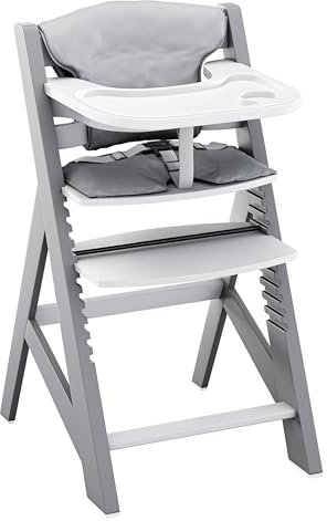 TULANO Morsel 40 | Kinderhochstuhl mit 3-Punkt-Gurt | Verstellbar & mitwachsend ab 6 Monaten bis 12 Jahren | Kombihochstuhl mit Schutzbügel und abnehmbarem Essbrett | Holz Grau Weiß