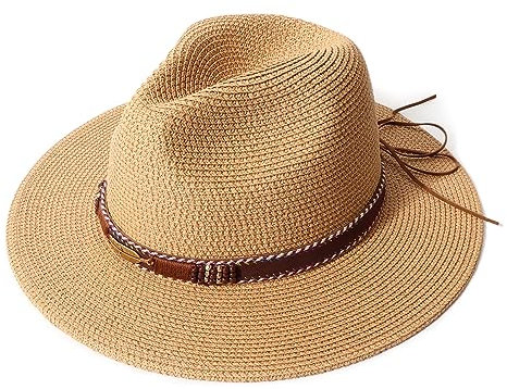 DRESHOW Femme Homme Chapeau de Paille Panama Chapeau Été Large Bord Chapeau de Soleil Anti-UV pour Plage Voyage Fedora Chapeau de Soleil, Taille unique,Panama Khaki Tribal Style