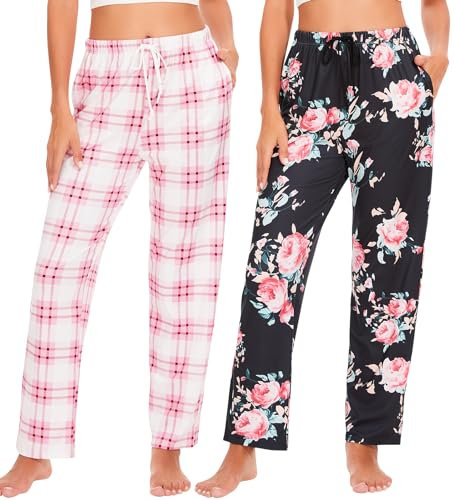 Ymmchy Damen Pyjamahose Lang Schlafanzughose Kariert Freizeithose Frauen Schlafhose Weiche Nachtwäsche Hose 2-Pack Rosa Kariert/Schwarze Blume M