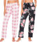 Ymmchy Damen Pyjamahose Lang Schlafanzughose Kariert Freizeithose Frauen Schlafhose Weiche Nachtwäsche Hose 2-Pack Rosa Kariert/Schwarze Blume M