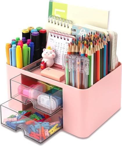 KAHEIGN Organisateur de Bureau avec 2 Tiroirs, 19CM x 14CM Organisateur de Bureau Multifonctionnel Porte-Stylo de Grande Capacité Organisateur de Maquillage pour Bureau École Maison Tableau (Rose)