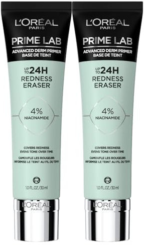 L'Oréal Paris Prime Lab Redness Eraser Primer für das Gesicht, Fixierer, mattierend, Antioxidation, 24 Stunden, Make-up-Basis für helle Haut, Formel mit 4 % Niacinamid-Textur, cremige Textur,