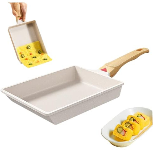 Blogiiup Omelette Pan, Tamagoyaki Pan Non Stick Japanese Omelette Pan 7.9x6.3'' Square Frying Pan with Wooden Handle Japanese Egg Frying Pan Cooktop Safe Cooking Tools White