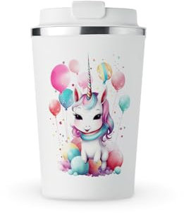 MAXIKIWI - Insulated Double Walled, Leakproof Stainless Steel Mug, Coffee or Tea Travel Tumbler with Lid, Keep Drinks Hot and Cold - Unicorn Birthday - 350ml