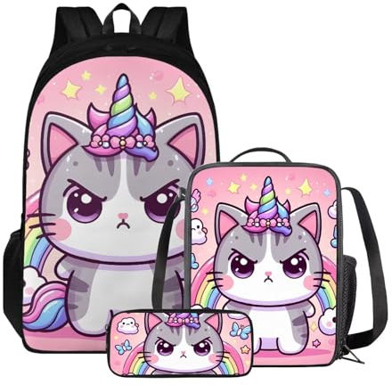 Xoenoiee Juego de 3 bolsas para libros para niños + lonchera + bolsa para lápices para estudiantes, mochila escolar de gran capacidad para niños y niñas, Lindo unicornio arcoíris