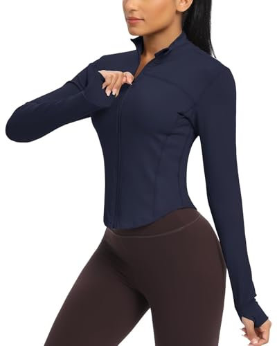 QUEENIEKE Kurze Damen-Laufjacken mit Reißverschluss, leicht, athletisch, Yoga, Fitnessstudio, BBL Jacke mit Daumenlöchern, Bijou Blue, M