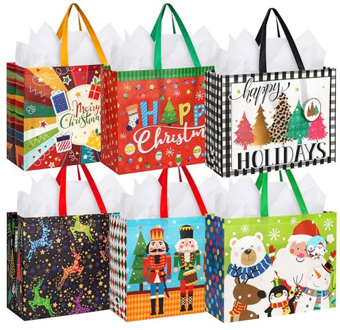 12 Stück Geschenktüten Weihnachten Große,42 X 33 X 16CM, Wiederverwendbare Geschenktaschen mit Griffen, Vliesstoff Geschenktüte mit weißem Seidenpapier und Geschenkanhänger für Urlaub, 6 Entwürfe