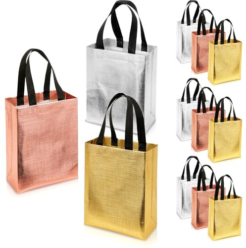 PHOGARY Reusable Gift Bags for Presents – 12 Luxury Birthday Gift Bag Medium Size for Women, Non-Woven Shiny Bridesmaid Gift Bags, Silver Rose Gold Reusable Party Bags for Baby Shower, Wedding