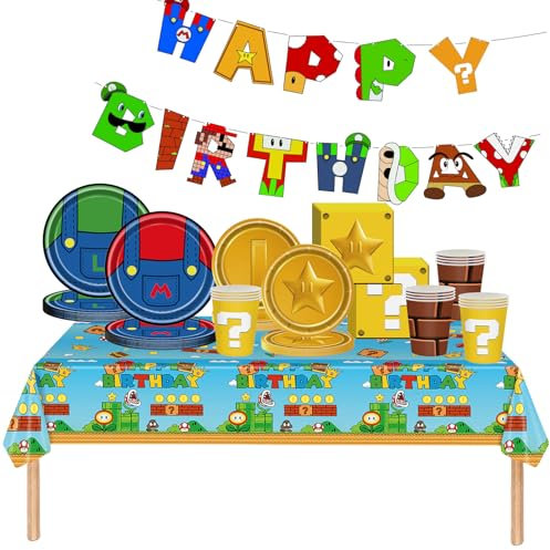 82Pc Super Brother Mario Party Tableware Set - Happy Birthday Banner, Napkins, Plates, Cups, Tablecloth - Theme Dinnerware Kit for Boys Girls Kids Party Décor