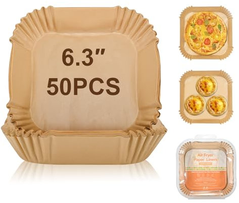 FIOUSY Air Fryer Liners, 6.3 in 50 PCS Square Disposable Paper Liners, Oil-Proof, Water-Proof, Parchment Baking Paper for 3L-5L Air Fryer, Compatible with COSORI, Ninja, Salter, Tower Air Fryer