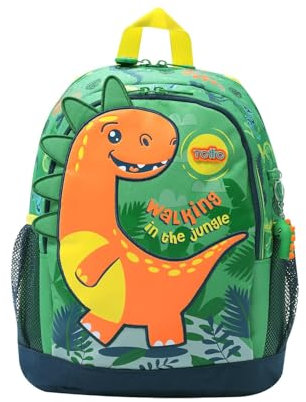TOTTO - Mochila Infantil, Modelo Dinomax M, Mochila Mediana, Capacidad 12 L, 2 Compartimentos, 2 Bolsillos para Botella, Organizador Interno, Correas Acolchadas, Resistente y Duradera, Color Verde