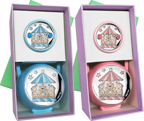 Conjunto de Pinza de Chupete y Portachupetes con Aplique Laminado en Plata de Ley 925‰, Diseño de Tiovivo, Disponible en Azul y Rosa. (E3223)