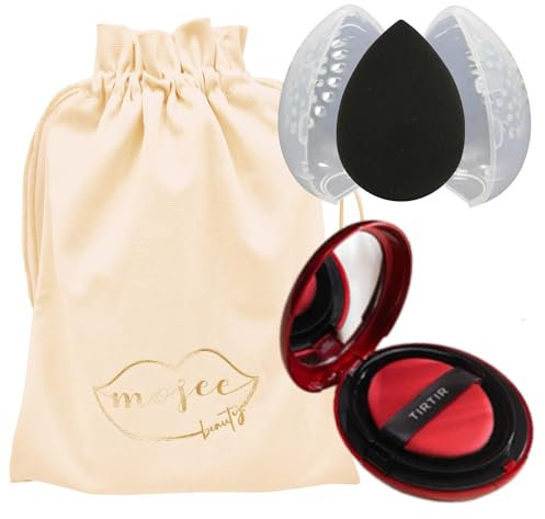 Make Up Bundle With Tirtir Korean Cushion Foundation Mask Fit Red SPF 40 PA++ 21N Ivory 18g Full Size, Beauty Blender With Travel Case And Mojee Beauty Canvas Bag