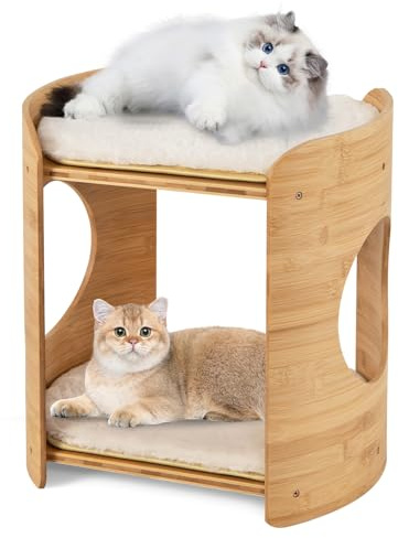 GOPLUS 2 stöckiger Katzenbett, Kratzbaum aus Bambus mit Doppelbetten, abnehmbaren & waschbaren Kissen, Zugangslöchern, Katzenhöhle Katzenmöbel im Landhausstil für Kätzchen, 40 x 33 x 41 cm