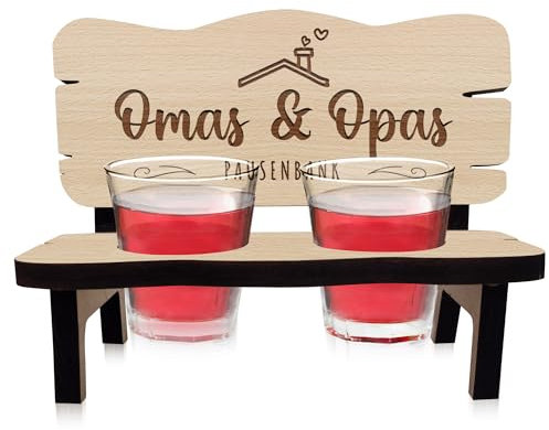 Schnapsbank mit Gravur für Oma und Opa, Schnapslatte mit 2 Gläsern, Pausenbank für Großeltern, Sinnvolle Geschenke für Oma Opa(Dach)