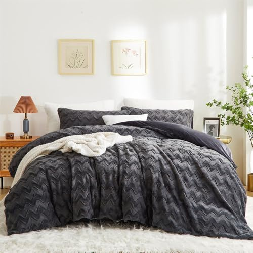 Nyescasa Plüsch Bettwäsche 155x220 Grau Wellen Warme Winter Flauschig Flanell Wendebettwäsche Langhaar Kunstfell Deckenbezug Fleece Cashmere Touch Bettbezug mit Reißverschluss und Kissenbezug 80x80