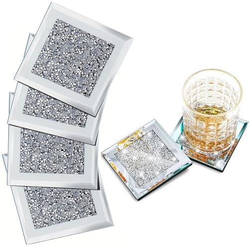 XINCHENG Coasters Set, Crushed Diamond Crystal, Glass, Square Mirror for Kitchen, Restaurant, Bar, Dining Table