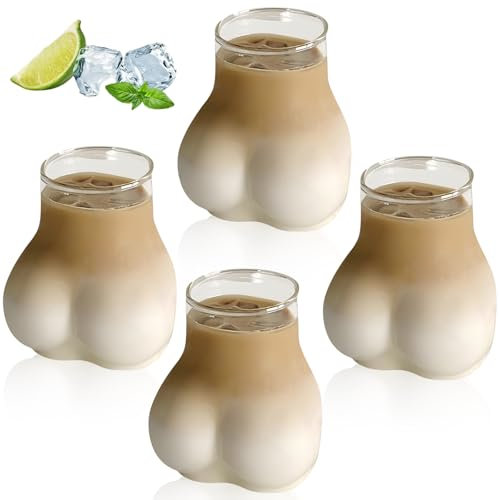 VEGOATY 4 Stück 450ml Tasse Lustig mit Hintern Form, Lustiger Becher,Handheld-Glas Butt- Förmiger Tassen,Kreative Cocktailgläser Biergläser,für Latte Macchiato Eiskaffee Whisky Joghurt Soda Kaffee