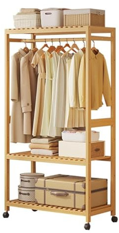 Porte-Manteau En Bambou avec Roulettes 360, Porte-VêTement Sur Pied avec Tringle De Suspension, Rail D'Armoire Moderne, Support à VêTements pour Chambre à Coucher, Couloir