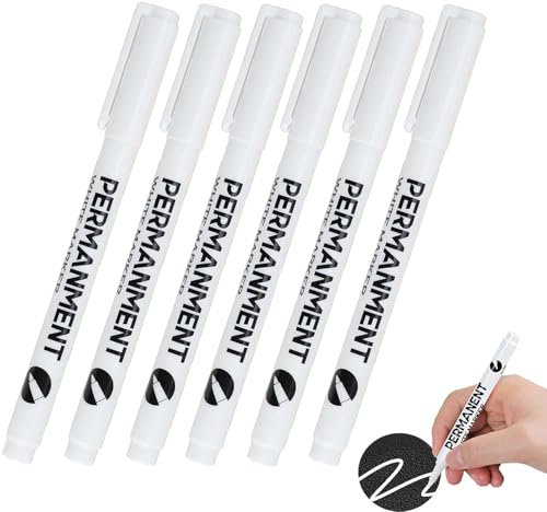 White Permanent Marker Pens - Pack of 6 - White - Waterproof and Quick Drying - 2mm Line Width - Suitable for Stone, Wood, Glass, Ceramic, Canvas, Tyres, Paper