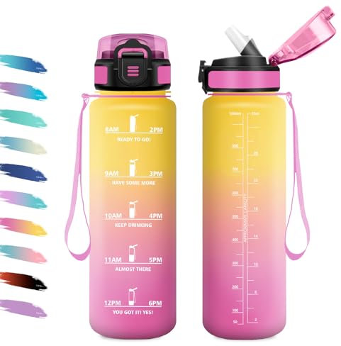 Gourde 1L, Gourde avec Sport Paille, Anti-Fuite, & Réutilisable, Bouteille d'eau Motivante avec Marquages de Temps, Facile à Nettoyer, Bouteille Graduée pour Voyage, Randonnée, Cyclisme, Fitness