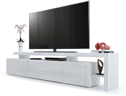 Vladon TV Board Lowboard Leon, Korpus und Überbau in Weiß matt/Front und Rahmen in Weiß Hochglanz (227 x 52 x 35 cm)