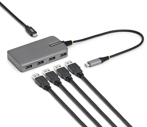 StarTech 4-Port USB-C Hub 5Gbps with 4x USB-A, Driverless (5G4AC-USB-C-HUB) | USB Powered splitter, 15W USB-C aux input, 4x USB-A extender for laptops, MacBook Dell XPS Surface Pro Chromebook