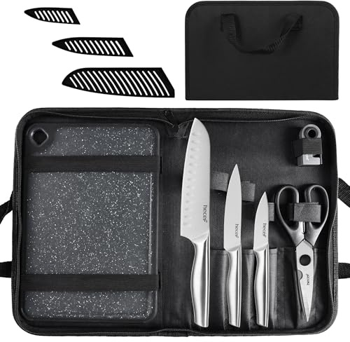 hecef Portable Kitchen Knife Set - Knife Bag & Cutting Board Kit | 10-in-1 Kit, Stainless Knives with Sheaths, Scissors, Outdoor Meal Prep, Camping, RV & Picnic Cooking