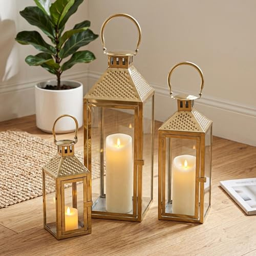 TRIROCKS Laterne Set 3er Gold – 50/37/26,5 cm Höhen Große Edelstahl & Glas Windlichter für Innen & Außen, Balkon Garten Wohnzimmer Deko, Vintage Kerzenlaternen