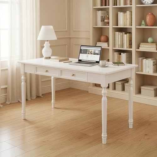 Schreibtisch/landschreibtisch/Sekretär/Konsolentisch,Massives Gummibaumholz, mit Schubladen, Höhe 76cm, Vintage für Büro und Home-Office(Weiß,100x60cm)